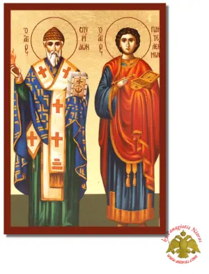 The Saints Spyridon and Panteleimon Byzantine Wooden Icon on Canvas