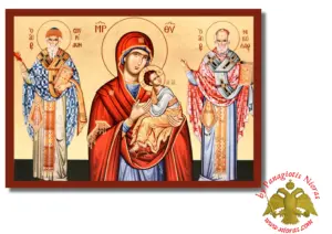 Τhe Holy Virgin Mary With Saints Spyridon and Nicholas Byzantine Wooden Icon on Canvas